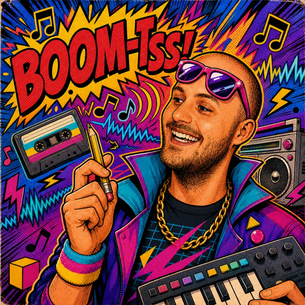 Comic-book portrait of Samuel Moebs surrounded by music gear and a large Boom-Tss caption
